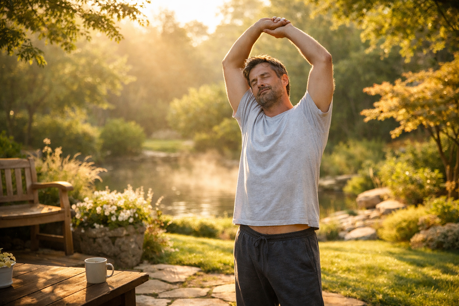 Spokojna poranna scena z m&eogon;&zdot;czyzn&aogon; rozci&aogon;gaj&aogon;cym si&eogon; na &sacute;wie&zdot;ym powietrzu w naturalnym &sacute;wietle s&lstrok;onecznym, spokojny ogr&oacute;d z delikatn&aogon; zieleni&aogon; i ciep&lstrok;ym &sacute;wiat&lstrok;em