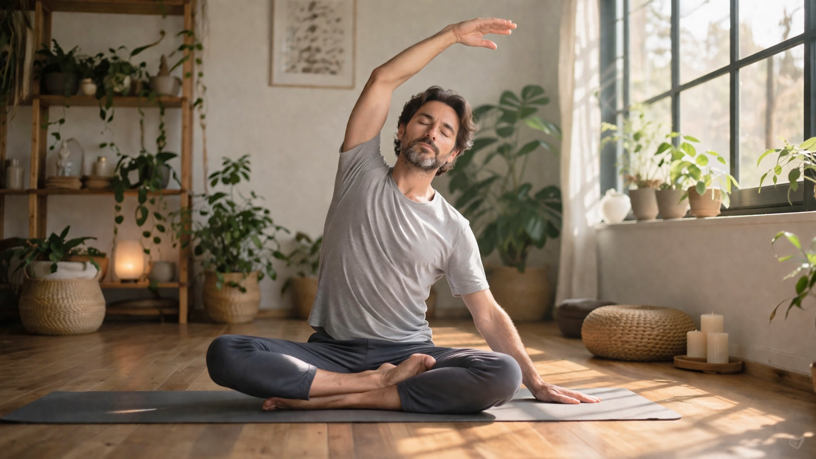 Spokojny m&eogon;&zdot;czyzna wykonuj&aogon;cy delikatn&aogon; pozycj&eogon; jogi w pomieszczeniu z ro&sacute;linami, naturalne &sacute;wiat&lstrok;o przez okno, spokojna i zr&oacute;wnowa&zdot;ona atmosfera